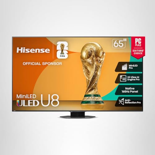 Hisense 65" Class U8 Mini-LED ULED 4K UHD Google Smart TV (65U8QG, 2025 Model) - QLED, Native 165Hz, VRR 288, Up to LD5600, 5000 Nits, HDR10+, Dolby Vision IQ · Atmos, IMAX Enhanced, 4.1.2 Ch Audio