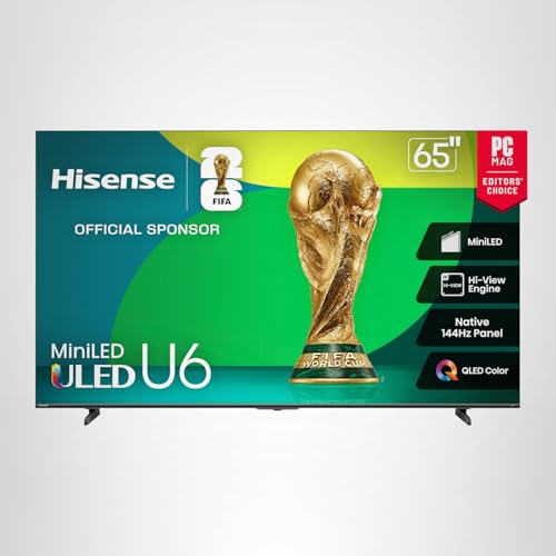 Hisense 65" Class U6 Series Mini-LED 4K UHD Smart Fire TV (65U65QF, 2025 Model) - QLED, Native 144Hz, HDR10+, Dolby Vision IQ, Dolby Atmos, Game Mode Pro, ALLM, Alexa Built in, Black